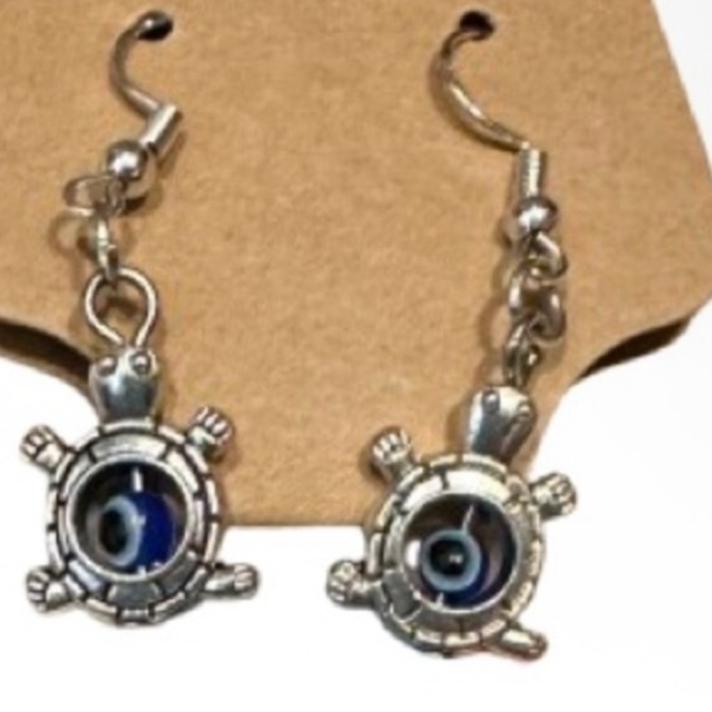 Silver Turtle Earrings with Blue Eye